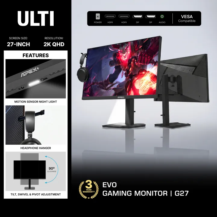 ULTI APEX+ EVO 27" 180Hz 2K QHD Monitor - Fast IPS | 1ms GTG | HDMI + DP | Audio Speaker | VESA | Office & Gaming