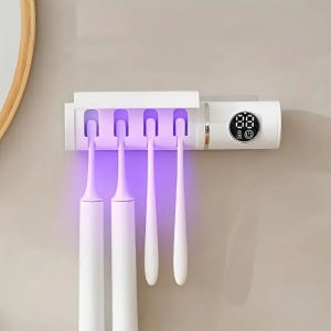 UV toothbrush sterilizer 4 separate toothbrush slots toothbrush sterilizer box bracket timer function wireless wall-mounted toothbrush storage rack no holes required suitable for bathroom