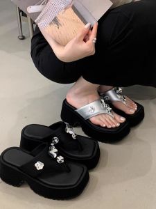 Summer New Height Increasing Super High Heels for Women with A Popular Style of Double Toe High End Sponge Bottom Cool Slippers with Sloping Heel and Thick Sole Flip Flops