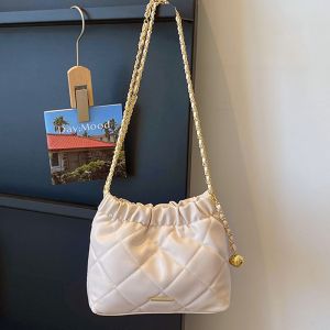 SR2N Pleated Plaid Bucket Bag Large Capacity PU Leather Shoulder Bag Fashion Solid Color Tote Handbag Women Girls