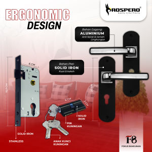 PROSPERO Gagang Pintu Rumah Full Set 20cm Tanggung Black Gold | Kunci Pintu Rumah Minimalis | 2035