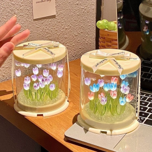 JBMBHC 2PCS Set DIY Tulip Night Light Transparent Cake Box Simulation Flowers LED String Lights Home Decor Craft Project Safe Non Toxic Material Easy Assemble