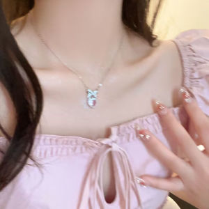[fenggongshuode] Zircon Bowknot Heart Pendant Necklaces Pink Heart Ladies Girls Fashion Elegant Clavicle Chain For Women Jewelry