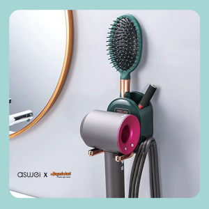 ASWEI A2127 Hair Dryer Holder Wall-Mounted 2 in 1 - Rak Gantungan Hair Dryer Pengering Rambut