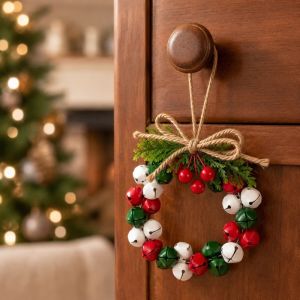 OEUVR Exquisite Christmas Bell Wreath Ornament Iron Vintage Colorful Bell Wreaths Portable with Bow Bell Door Hanging New Year