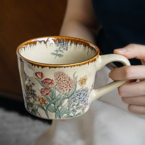 ZGNAY MALL Floral Pattern Ceramic Coffee Cup 385ml Non-slip Exquisite Water Cup Decorative Comfortable Grip Milk Cup Office