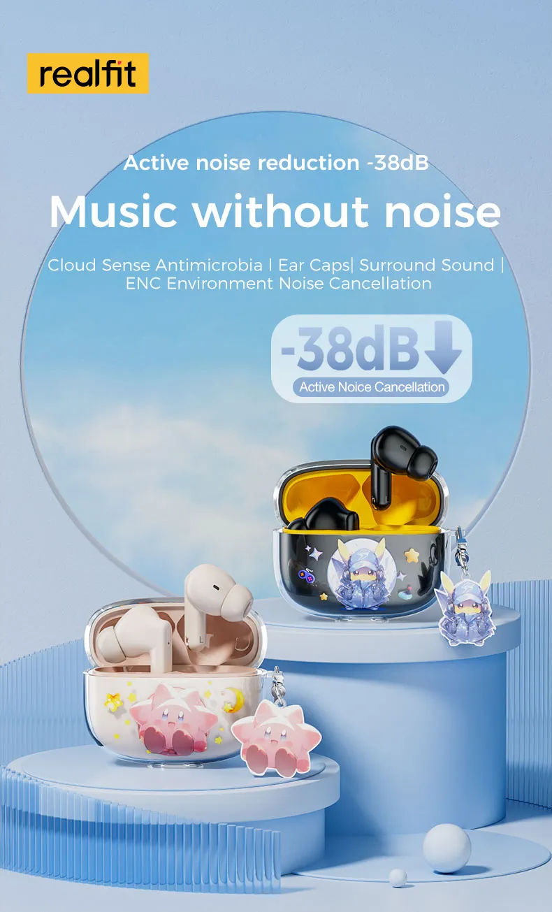 realfit F3 ANC Bluetooth 5.4 หูฟังบลูทูธ -38dB ตัดเสียงรบกวน พร้อมไมโครโฟน Bass หูฟัง คุณภาพเสียงดี