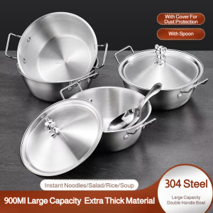 Portable Dual Purpose 304 Stainless Steel Bowl With Lid Noodle Bowl Double Handle Bowl
