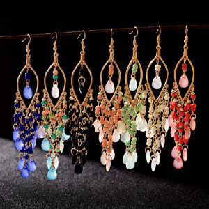 7colors Baroque Style Gold Metal Crystal Stone Water Drop Long Tassel Earrings Women Rhinestone Pendientes Mujer 2020
