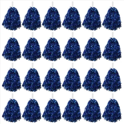 (LJ3W) 24Pcs Cheerleading Pom Poms Metallic Foil Cheer Pom Poms with Plastic Handle for Adults Kids Cheerleaders Party Blue
