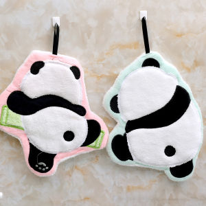 ผ้าเช็ดมือแพนด้าการ์ตูนน่ารักพร้อมแหวนแขวนกำมะหยี่ปะการังอ่อนผ้าเช็ดตัวเด็กดูดซับน้ำดีเยี่ยมผ้าเช็ดหน้าห้องน้ำแผ่นขัดห้องครัว2ชิ้น