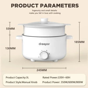 Dreepor Multifunctional Rice Cooker Electric Cooker Non-stick pot with Steamer Electric Hot Pot with Visible Glass Lid