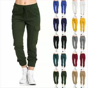 China Shipping [2025] New Product 2024 Europe and America TEMU Womens Pants Casual Elastic Waist Thin Rope Side Pocket Pants Womens Trousers 042