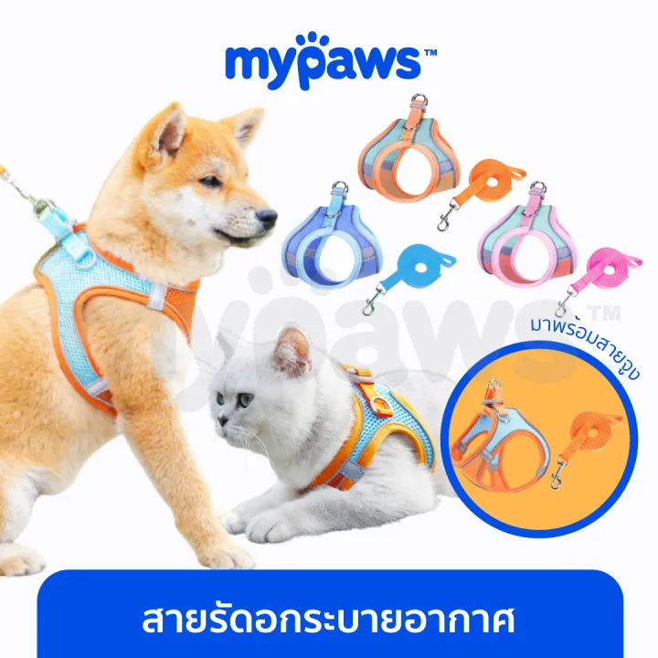 My Paws สายรัดอกแมวระบายอากาศพร้อมสายจูง 1.5 เมตร