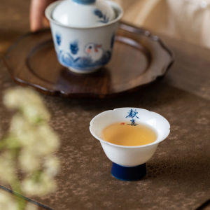 纯手绘欢喜品茗杯甜白单杯主人杯家用陶瓷功夫茶具小高足花口茶杯