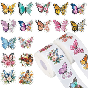 Butterfly Flower Sticker Rolls Butterfly Giftwrap Decal Gift Tages Label Adhesive Decorative Sticker for Scrapbooks