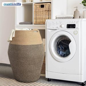 JustLiving Extra Large Woven Laundry Hamper Basket with Heavy Duty Cotton Rope Handles，Tall Laundry Hamper | 39*49*65cm Woven Jute Rope Dirty Clothes Hamper for Clothes and Toys in Bedroom Nursery Room Bathroom Jute