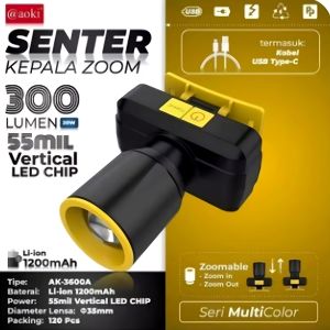 AOKI Senter Kepala Zoom 300LM AK-3600A CAHAYA PUTIH dengan USB-C Fokus & Penyebaran Zoom CAHAYA PUTIH kamimurah Original