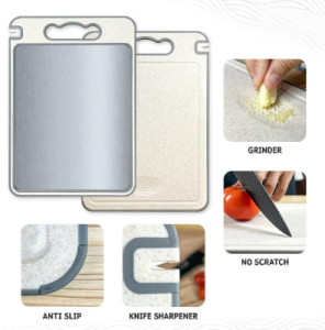 Talenan stainless 2 sisi / Double Sided Cutting Board / Chopping Board Multifungsi / Jerami Chopping Board Multifungsi dengan pemarut dan pengasah