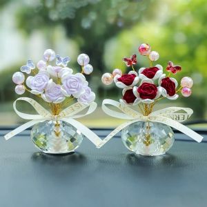 CRUSHES Rose Flower Crystal Artificial Rose Small Car Decor Crystal Rose Ornament Quality Ideal Gift Car Interior Decoration Car