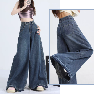 Retro blue wide-leg jeans for women summer loose new high waist drape raw edge mopping pants
