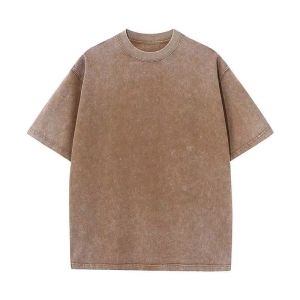 Japanese Trendy Brand Earth Color Batik Old Retro T-shirt Mens Clothing 240g Pure Cotton Loose Shoulder Washed Short Sleeves