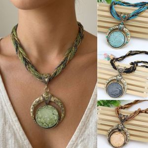 PLLEWY Alloy Pendant Necklace Vintage Resin Stone Round Pendant Necklace Creative Gift Party Accessories Multilayer Necklace