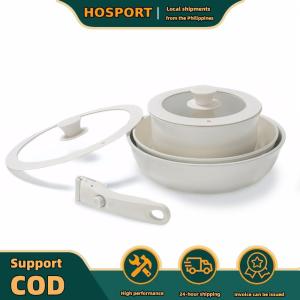 【HOSPORT】 6Pcs Nonstick Cookware Sets with Detachable Handle Universal Fry Pan Stew Pot Heat Resist Stackable Cookware Set for Daily Cooking and Stewing Steak