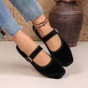 [Free Shipping] 2026 New Black Velvet Flat Shoes Square Toe Buckle Retro WomenS Shoes Exclusively Available
