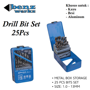 Mata Bor Besi dan Kayu Set 25 PCS Benz 1-13MM Premium Drill Bits Set
