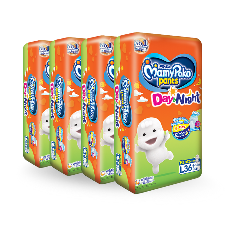 MAMYPOKO%20Day%20&%20Night%20Baby%20Diaper%20Pants%20Unisex%20Large%2036%20pcs%20x%204%20packs%20(144%20pcs)%20%5BONLINE%20EXCLUSIVE%5D%20-%20Image%202