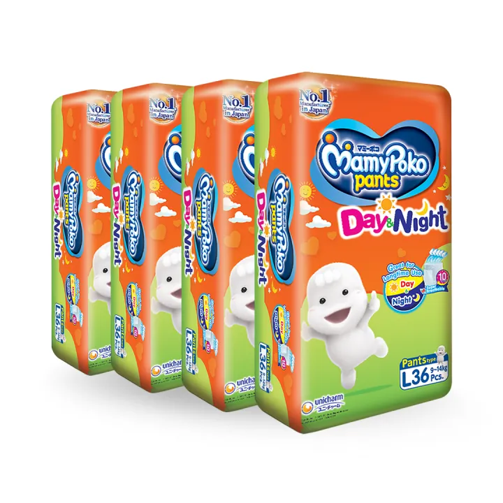 MAMYPOKO%20Day%20&%20Night%20Baby%20Diaper%20Pants%20Unisex%20Large%2036%20pcs%20x%204%20packs%20(144%20pcs)%20%5BONLINE%20EXCLUSIVE%5D%20-%20Image%202