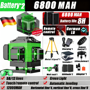 【0 Error】5D Laser Level Green Light for construction 8/12 /16 Line 2 batteries Self-Leveling 360° Rotary Cross Auto Measurement LED Display Indoor Outdoor Tool lazer leveling vertical Adjustable tools with tripod Construction Auto