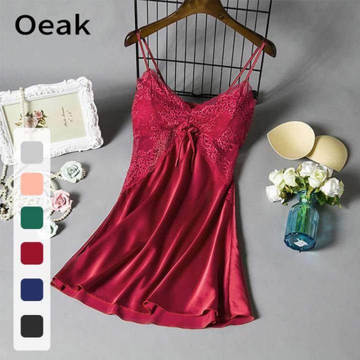 Oeak【Hot Sale】Women Sexy Silk Satin Pajamas Lace Night Dress