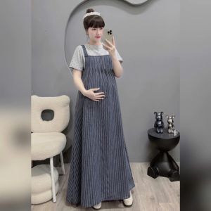 Set Đầm Bầu Váy Bầu Dạng Yếm Xanh Than Kèm Áo Cộc Chấm Bi Basic Đáng Yêu Mặc Đi Dạo Đi Chụp Ảnh