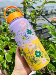 Bình Giữ Nhiệt Hoa Vintage Sang Trọng Dung Tích Lớn 1000ML Inox 304 Có Quai Xách Tiện Lợi _Thân vàng
