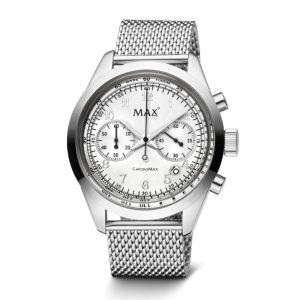 MAX ChronoMax Chronograph with Tachymeter Watches Silver Steel Case Silver Dial Mens Mesh Band Watch 44mm 5-MAX664