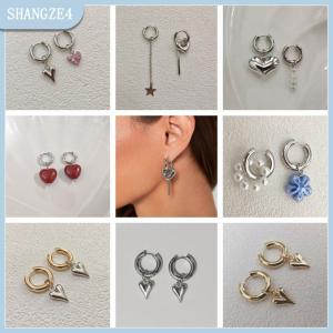 【SHANGZE4】 Ngọt Ngào Màu Hồng Zircon Hình Trái Tim Mặt Dây Chuyền Bông Tai Cho Phụ Nữ Đơn Giản Hình Học Thông Tư Tai Khóa Đồ Trang Sức Thời Trang Phụ Kiện Quà Tặng