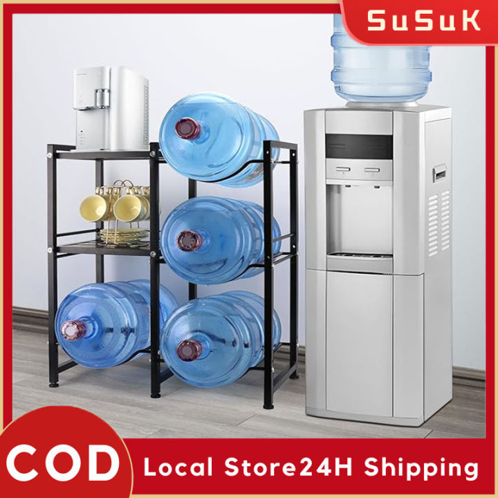 5 Gallon Water Jug Holder Rack - 4 Slot Stand With Wood Tabletop & Storage Shelves For Home/Office