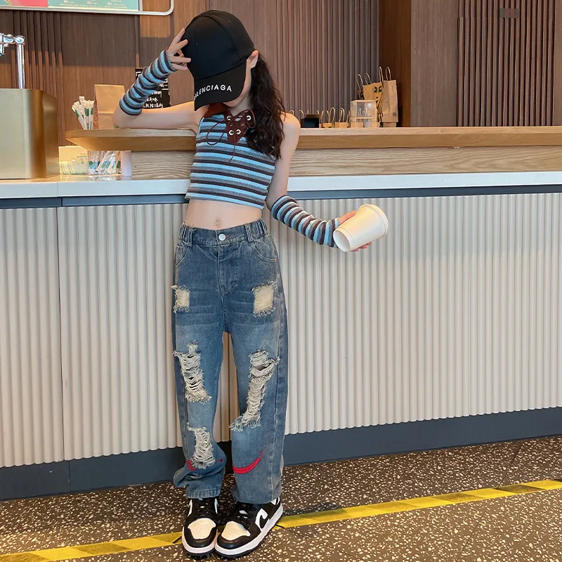 Kids Girls Ripped Jeans Wide Leg Denim Pants Loose Casual Trouser Daily Wear