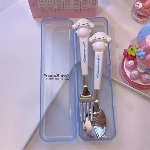 COD 2pcs/set Sanrio  Kuromi Fork Spoon Stainless Steel Student EatingTableware Accessories Portable
