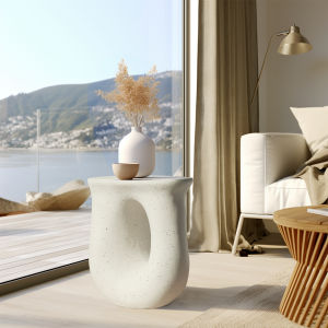 Modern U-shaped Geometric Coffee Side End Table Lightweight Concrete Accent Table or Living Room and Home Decors