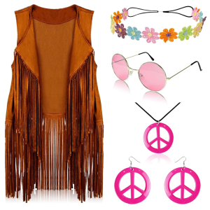 Peace Sign Earring Necklace Headband Fringe Vest Tassels Cardigan Hippie Costume for Women 60s 70s Hippie Clothes Set