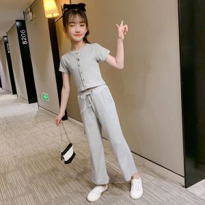 สินค้าเฉพาะจุด ชุดแฟชั่นเด็กผู้หญิง เสื้อผ้าเด็กผญ เด็กผู้หญิงแขนสั้นสองชิ้นสวมใส่สบายฤดูร้อนเสื้อยืดผ้าฝ้ายบาง + กางเกงขากว้าง