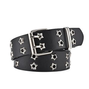 JUSTODO Hip Hop Rivet Belts Punk Rock Style Star Eyelet Double Pin Buckle Waistband Y2k Gothic Leather Belt