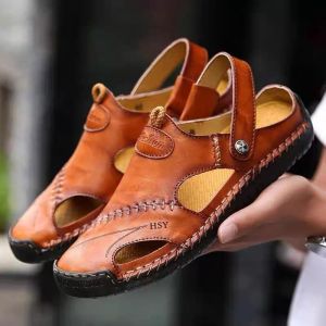 Leather Slides Sandals For Men Fashion Casual Slippers Beach Outdoor Shoes New Style