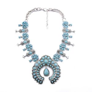 Indian Vintage Silver Squash Blossom Turquoise Necklace Women Boho Costume Tribal Big Chunky Statement Necklaces