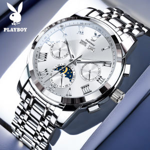 PLAYBOY 3096 นาฬิกาข้อมือผู้ชาย นาฬิกากลไกกันน้ำ หน้าปัดปฏิทินแสดงข้างขึ้นข้างแรม แฟชั่น มัลติฟังก์ชั่น นาฬิกาเรืองแสง ยี่ห้อ