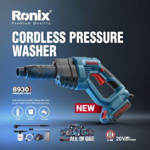 Ronix 8930 20V Cordless Pressure Washer 24.5Bar Max Flow 2L/min Lightweight Portable 6 Nozzle Spray Types Self-Priming 6m Suction Hose 2.0Ah Battery 1-Hr Fast Charging Detergent Bottle Ergonomic Grip for Car Garden Home Cleaning - Includes Mesh