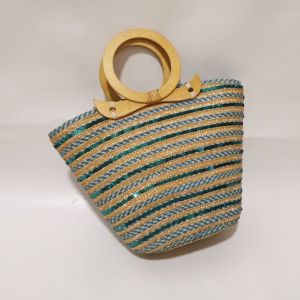 DaVee Handmade -woven straw handbag Vintage straw bag wooden top-handle tote bag bucket bag blue strips basket